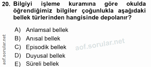 20. soru: Bilgiyi işleme kuramına göre okulda öğrendiğimiz bilgiler çoğunlukla aşağıdaki bellek türlerinden hangisinde depolanı…
