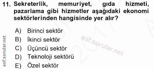 11. soru: Sekreterlik, memuriyet, gida hizmeti, pazarlama gibi hizmetler aşağıdaki ekonomi sektörlerinden hangisinde yer alır?…