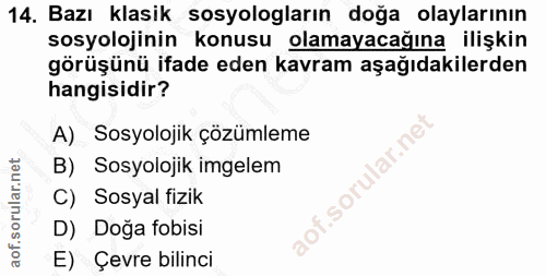 14. soru: Bazı klasik sosyologların doğa olaylarının sosyolojinin konusu olamayacağına ilişkin görüşünü ifade eden kavram aşağı…