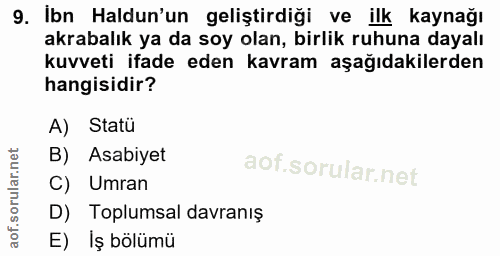 9. soru: Ibn Haldun'un geliştirdiği ve ilk kaynağı akrabalık ya da soy olan, birlik ruhuna dayalı kuvveti ifade eden kavram aş…
