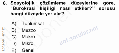 6. soru: Sosyolojik çözümleme düzeylerine göre, "Bürokrasi kişiliği nasıl etkiler?" sorusu hangi düzeyde yer alır? A) Toplumsa…