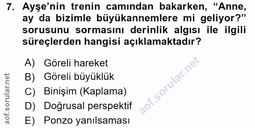 7. soru: Ayşe'nin trenin camından bakarken, "Anne, ay da bizimle büyükannemlere mi geliyor?" sorusunu sormasını derinlik algıs…