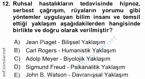 12. soru: Ruhsal hastalıkların tedavisinde hipnoz, serbest çağrışım, rüyaların yorumu gibi yöntemler uygulayan bilim insanı ve…