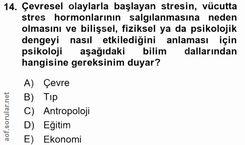 14. soru: Çevresel olaylarla başlayan stresin, vücutta stres hormonlarının salgılanmasına neden olmasını ve bilişsel, fiziksel…