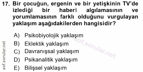 17. soru: Bir çocuğun, ergenin ve bir yetişkinin TV'de izlediği bir haberi algilamasının ve yorumlamasının farklı olduğunu vurg…