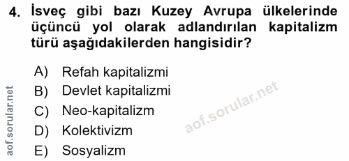 4. soru: İsveç gibi bazı Kuzey Avrupa ülkelerinde üçüncü yol olarak adlandırılan kapitalizm türü aşağıdakilerden hangisidir? A…
