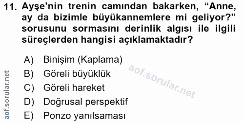 11. soru: Ayşe'nin trenin camından bakarken, "Anne, ay da bizimle büyükannemlere mi geliyor?" sorusunu sormasını derinlik algıs…