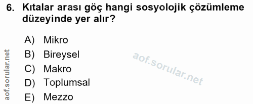 6. soru: Kıtalar arası göç hangi sosyolojik çözümleme düzeyinde yer alır? A) Mikro B) Bireysel C) Makro D) Toplumsal E) Mezzo