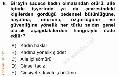 6. soru: Bireyin sadece kadın olmasından ötürü, aile içinde işyerinde ya da çevresindeki kişilerden gördüğü bedensel bütünlüğü…