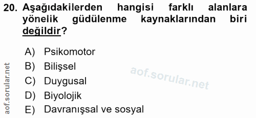 20. soru: Aşağıdakilerden hangisi farklı alanlara yönelik güdülenme kaynaklarından biri değildir? A) Psikomotor B) Bilişsel C)…