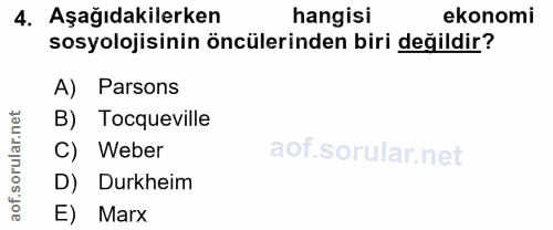 4. soru: Aşağıdakilerken hangisi ekonomi sosyolojisinin öncülerinden biri değildir? A) Parsons rular.net B) Tocqueville C) Web…