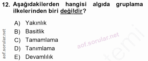 12. soru: Aşağıdakilerden hangisi algida gruplama ilkelerinden biri değildir? A) Yakınlık B) Basitlik Tamamlama D) Tanımlama E)…