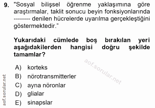 9. soru: "Sosyal bilişsel öğrenme yaklaşımına göre araştırmalar, taklit sonucu beyin fonksiyonlarında --- denilen hücrelerde u…