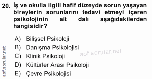 20. soru: İş ve okulla ilgili hafif düzeyde sorun yaşayan bireylerin sorunlarını tedavi etmeyi içeren psikolojinin alt dalı aşa…