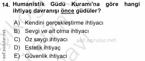 14. soru: Humanistik Güdü Kuramı'na göre hangi ihtiyaç davranışı önce güdüler? A) Kendini gerçekleştirme ihtiyacı B) Sevgi ve a…