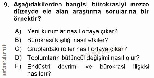 9. soru: Aşağıdakilerden hangisi bürokrasiyi mezzo düzeyde ele alan araştırma sorularına bir örnektir? A) Yeni kurumlar nasıl…