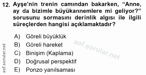 12. soru: Ayşe'nin trenin camından bakarken, "Anne, ay da bizimle büyükannemlere mi geliyor?" sorusunu sormasını derinlik algıs…