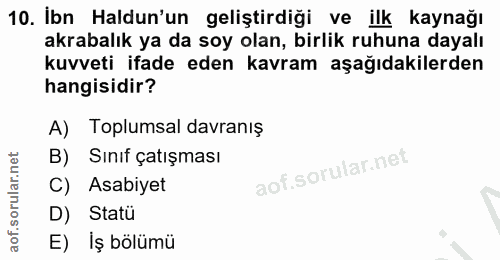 10. soru: İbn Haldun'un geliştirdiği ve ilk kaynağı akrabalık ya da soy olan, birlik ruhuna dayalı kuvveti ifade eden kavram aş…