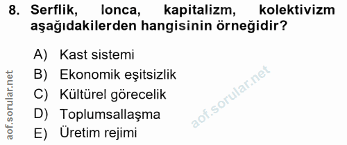 8. soru: Serflik, lonca, kapitalizm, kolektivizm aşağıdakilerden hangisinin örneğidir? A) Kast sistemi B) Ekonomik eşitsizlik…