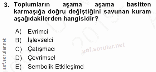 3. soru: Toplumların aşama aşama basitten karmaşığa doğru değiştiğini savunan kuram aşağıdakilerden hangisidir? A) Evrimci B)…