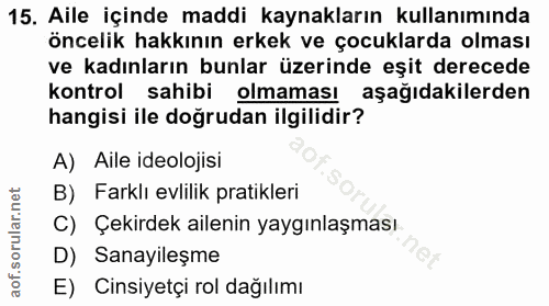 15. soru: Aile içinde maddi kaynakların kullanımında öncelik hakkının erkek ve çocuklarda olması ve kadınların bunlar üzerinde…