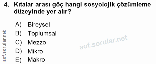 4. soru: Kıtalar arası göç hangi sosyolojik çözümleme düzeyinde yer alır? A) Bireysel B) Toplumsal C) Mezzo D) Mikro E) Makro
