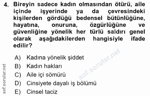 4. soru: Bireyin sadece kadın olmasından ötürü, aile içinde işyerinde ya da çevresindeki kişilerden gördüğü bedensel bütünlüğü…