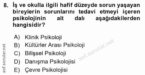 8. soru: İş ve okulla ilgili hafif düzeyde sorun yaşayan bireylerin sorunlarını tedavi etmeyi içeren psikolojinin alt dalı aşa…