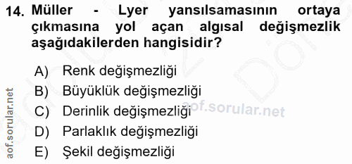 14. soru: Müller - Lyer yanılsamasının ortaya çıkmasına yol açan algısal değişmezlik aşağıdakilerden hangisidir? A) Renk değişm…