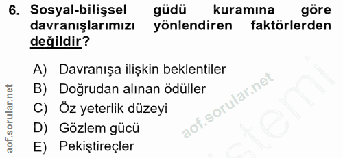 6. soru: Sosyal-bilişsel güdü kuramına göre davranışlarımızı yönlendiren faktörlerden değildir? A) Davranışa ilişkin beklentil…