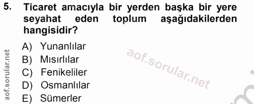 5. soru: Ticaret amacıyla bir yerden başka bir yere seyahat eden toplum aşağıdakilerden hangisidir? A) Yunanlılar B) Mısırlila…