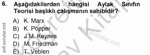 6. soru: Aşağıdakilerden hangisi Aylak Sınıfın Teorisi başlıklı çalışmanın sahibidir? A) K. Marx B) K. Popper C) J.M. Keynes D…