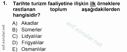 1. soru: Tarihte turizm faaliyetine ilişkin ilk örneklere rastlanan toplum aşağıdakilerden hangisidir? A) Akadlar B) Sümerler…