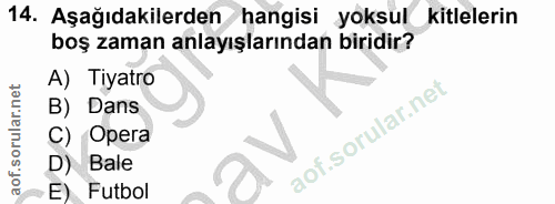 14. soru: Aşağıdakilerden hangisi yoksul kitlelerin boş zaman anlayışlarından biridir? A) Tiyatro B) Dans C) Opera D) Bale E) F…