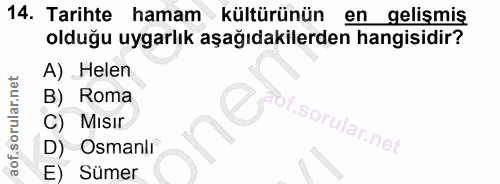 14. soru: Tarihte hamam kültürünün en gelismis olduğu uygarlık aşağıdakilerden hangisidir? A) Helen B) Roma Misır Osmanlı Sümer
