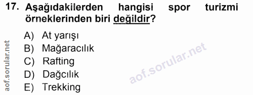 17. soru: Aşağıdakilerden hangisi spor turizmi örneklerinden biri değildir? A) At yarışı B) Mağaracılık C) Rafting D) Dağcılık…