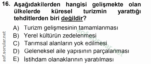 16. soru: Aşağıdakilerden hangisi gelişmekte olan ülkelerde küresel turizmin yarattığı tehditlerden biri değildir? A) Turizm ge…
