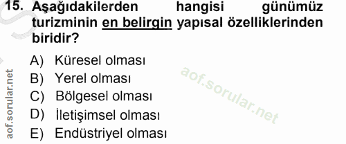15. soru: Aşağıdakilerden hangisi günümüz turizminin en belirgin yapısal özelliklerinden biridir? A) Küresel olması B) Yerel ol…