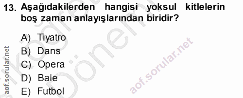 13. soru: Aşağıdakilerden hangisi yoksul kitlelerin boş zaman anlayışlarından biridir? A) Tiyatro B) Dans .sorular.nei C). Oper…