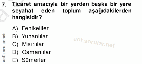 7. soru: Ticaret amacıyla bir yerden başka bir yere seyahat eden toplum aşağıdakilerden hangisidir? A) Fenikeliler B) Yunanlıl…
