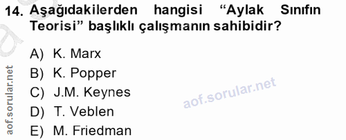 14. soru: Aşağıdakilerden hangisi "Aylak Sınıfın Teorisi" başlıklı çalışmanın sahibidir? A) K. Marx B) K. Popper C) J.M. Keynes…