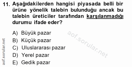 11. soru: Aşağıdakilerden hangisi piyasada belli bir ürüne yönelik talebin bulunduğu ancak bu talebin üreticiler tarafından kar…