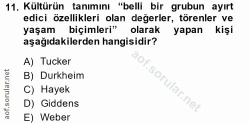 11. soru: Kültürün tanımını "belli bir grubun ayırt edici özellikleri olan değerler, törenler ve yaşam biçimleri" olarak yapan…