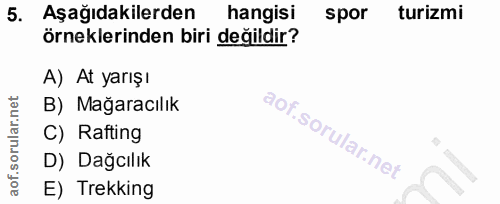 5. soru: Aşağıdakilerden hangisi spor turizmi örneklerinden biri değildir? A) At yarışı B) Mağaracılık C) Rafting D) Dağcılık…