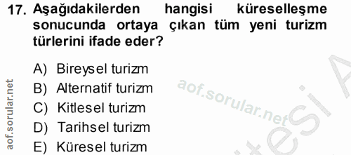 17. soru: Aşağıdakilerden hangisi küreselleşme sonucunda ortaya •çıkan tüm yeni turizm türlerini ifade eder? A) Bireysel turizm…