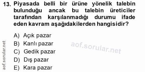13. soru: Piyasada belli bir ürüne yönelik talebin bulunduğu ancak bu talebin üreticiler tarafından karşılanmadığı durumu ifade…