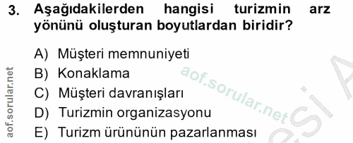 3. soru: Aşağıdakilerden hangisi turizmin arz yönünü oluşturan boyutlardan biridir? A) Müşteri memnuniyeti B) Konaklama C) Müş…
