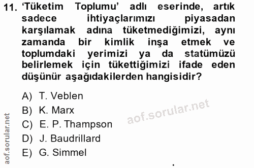 11. soru: 'Tüketim Toplumu' adlı eserinde, artık sadece ihtiyaçlarımızı piyasadan karşılamak adına tüketmediğimizi, aynı zamand…