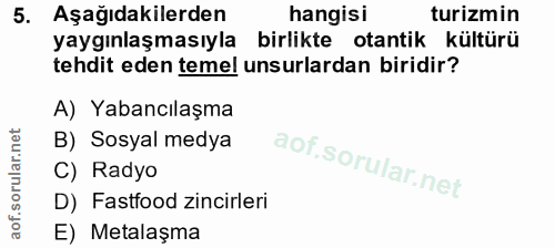5. soru: Aşağıdakilerden hangisi turizmin yaygınlaşmasıyla birlikte otantik kültürü tehdit eden temel unsurlardan biridir? A)…
