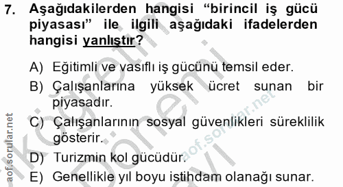 7. soru: Aşağıdakilerden hangisi "birincil iş gücü piyasası" ile ilgili aşağıdaki ifadelerden hangisi yanlıştır? A) Eğitimli v…